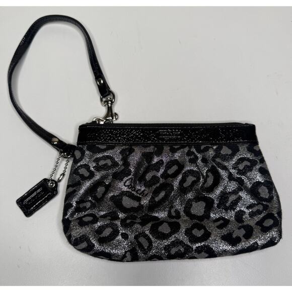 Coach Ocelot Wristlet Mini Black Metallic Leopard Print Fabric Zip Top Lined Bag - Picture 1 of 7